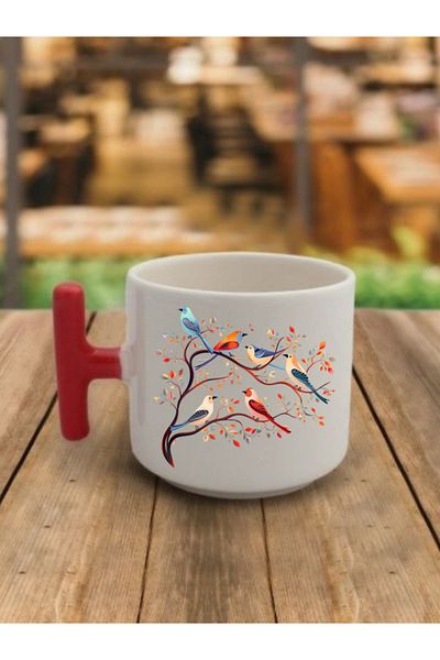 lili hediyelik Bird Printed Coffee Cup with Red Handle Ceramic Mug - Ceramic Tea, Coffee Gift Cup