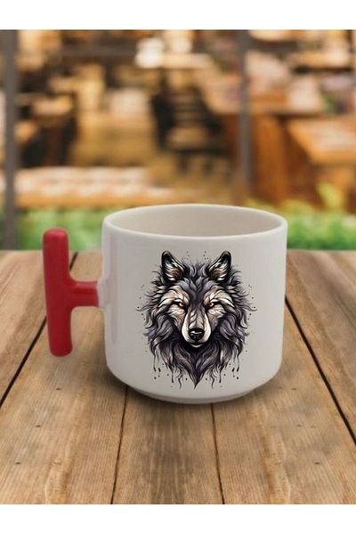 lili hediyelik Black Wolf Printed Red Handle Coffee Cup Ceramic Mug - Ceramic Tea, Coffee Gift Cup