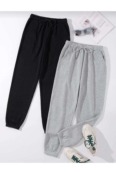 TNR SPORT Διπλό Jogger Sweatpants-μαύρο και γκρι λαστιχένιο ψηλόμεσο χειμερινό παντελόνι
