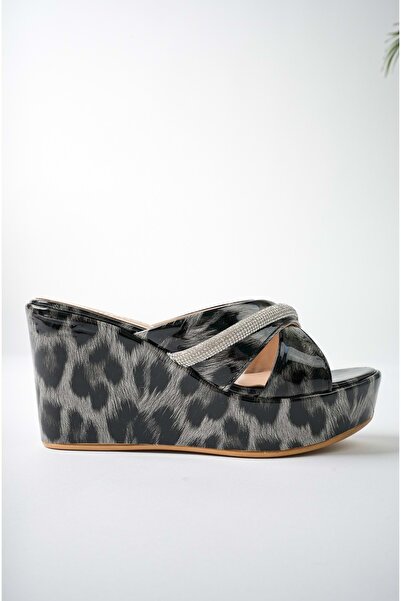 bulutmod Black Leopard Stone Wedge Heeled Women's Slippers - 39