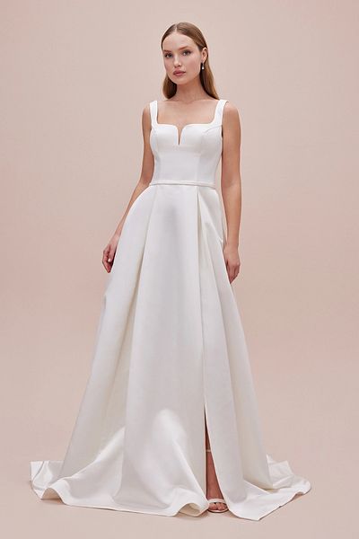 Oleg Cassini Satin Straps Slit A-Line Wedding Dress