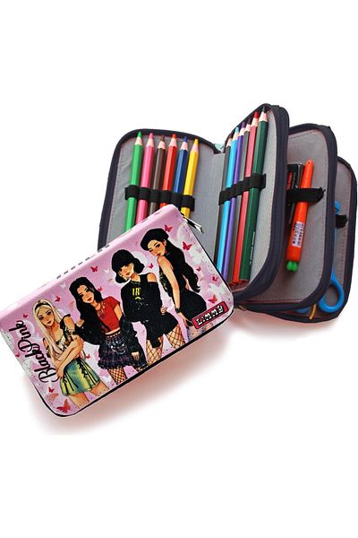 Limmy Μολυβοθήκη Blackpink Butterfly Kawai Organizer Θήκη στυλό Vegan Δερμάτινη θήκη τριών διαμερισμάτων - Μαύρη