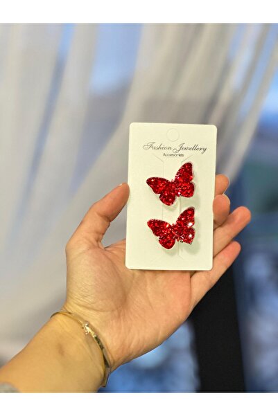 schkırt Kelebek Motifli Epoksi Kırmızı Renk Simli Çoçuk Pens Toka Hediyelik Toka