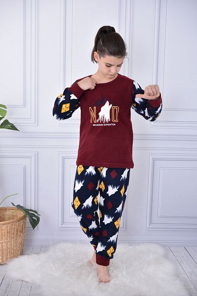 KAPİKİDS Set de pijamale pentru băieți din lână lup de iarnă groasă, cu mâneci lungi, pantaloni și manșete