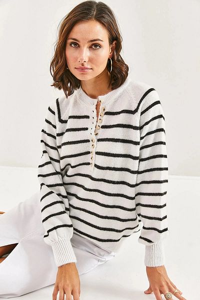 hazelin Women's White Lightweight Balloon Sleeve Striped Button-Up Collar Knitwear Sweater HZL23W-BD1101491