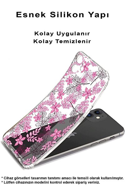 PrintiFy Redmi A2 Plus Slim Fit Kapak Floral Pembe Tasarımlı Şeffaf Silikon