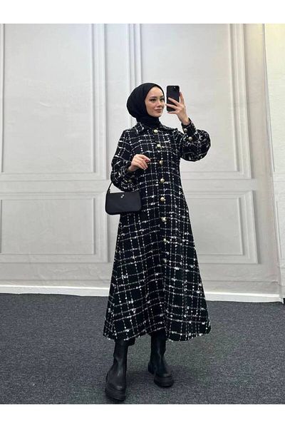 Esre Store 4449 - Color Detailed Hijab Coat Black