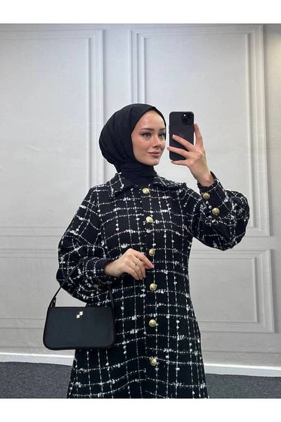 Esre Store 4449 - Color Detailed Hijab Coat Black