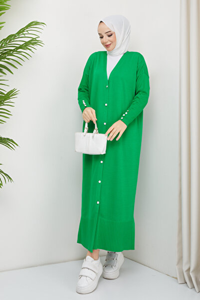 Pamuk Butik Γυναικεία Πλεκτά Πλεκτά Πλεκτά Πλήρους Μήκους Ζακέτα Benetton Green Mercerized με λεπτομέρεια με κουμπιά