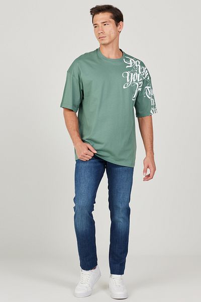 AC&Co / Altınyıldız Classics Ανδρικό μπλουζάκι χακί Oversize Loose Cut Crew Neck 100% βαμβάκι με στάμπα