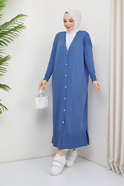 Pamuk Butik Γυναικεία Πλεκτά Πλεκτά Ολόσωμα Μπλε Ζακέτα Mercerized με Λεπτομέρεια με Κουμπί