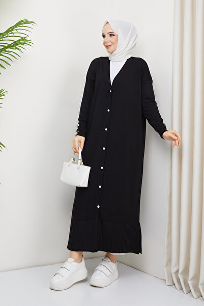 Pamuk Butik Γυναικεία Πλεκτά Πλεκτά Ολόσωμη Ζακέτα Mercerized με Λεπτομέρεια Μαύρη