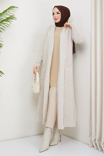 Pamuk Butik Γυναικείο Πλεκτό Πλεκτό Πλεκτό Ζακέτα με Λεπτομέρεια Τσέπης Πέτρινο Χρώμα