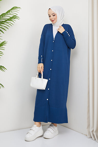 Pamuk Butik Γυναικεία Πλεκτά Πλεκτά Ολόσωμα Ζακέτα Νυχτερινό Μπλε με Λεπτομέρεια Mercerized Button