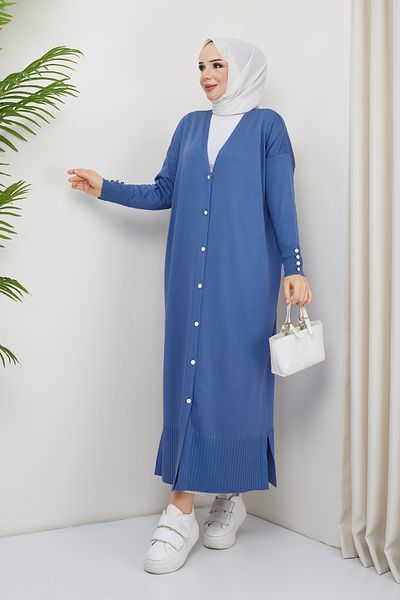 Pamuk Butik Γυναικεία Πλεκτά Πλεκτά Ολόσωμα Μπλε Ζακέτα Mercerized με Λεπτομέρεια με Κουμπί