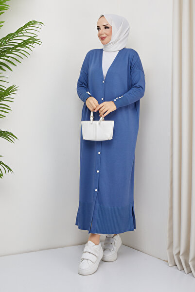 Pamuk Butik Γυναικεία Πλεκτά Πλεκτά Ολόσωμα Μπλε Ζακέτα Mercerized με Λεπτομέρεια με Κουμπί