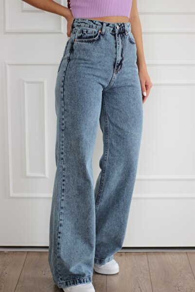 LİMABEL Yüksek Bel Mavi Kar Yıkama Palazzo Jeans Likralı Kot Pantolon