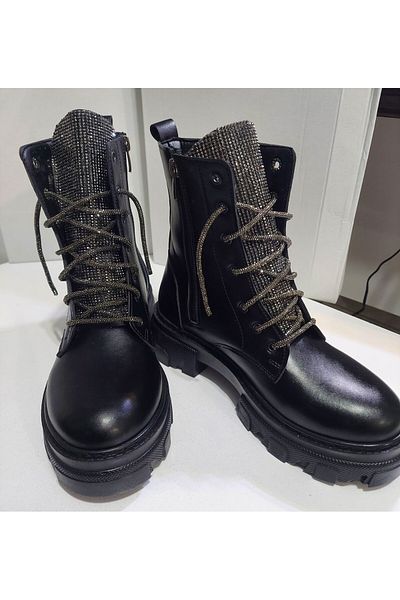 ONE STEP Women's Thick Sole Stone Laced Fur Boots