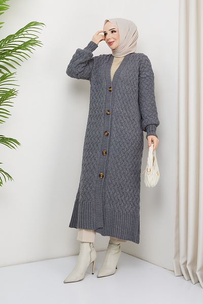 Pamuk Butik Γυναικεία Πλεκτή Ζακέτα Πλεκτή Καλάθι Ανθρακί Ολόσωμο