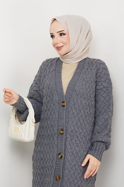 Pamuk Butik Γυναικεία Πλεκτή Ζακέτα Πλεκτή Καλάθι Ανθρακί Ολόσωμο