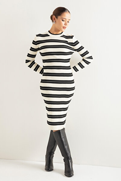 Lafaba Women's Ecru Crew Neck Striped Knitwear Dress