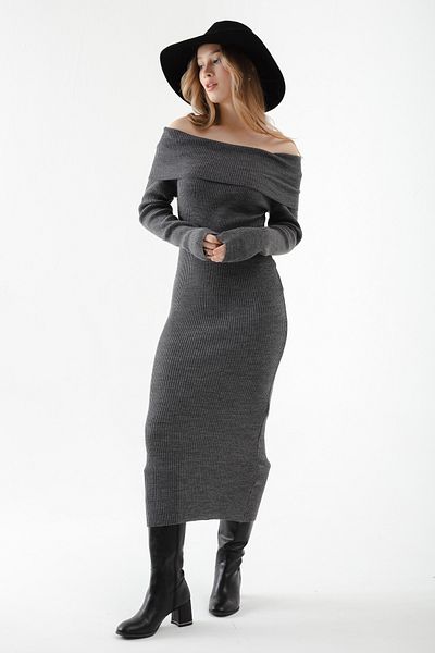 Lafaba Γυναικείο πλεκτό φόρεμα Carmen Collar Anthracite