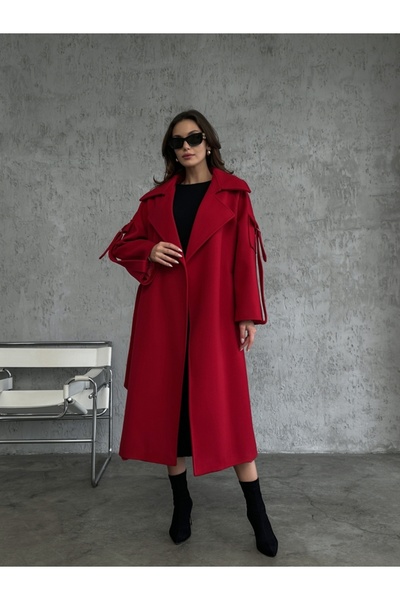 Elif Özbey Butik Kırmızı Kolları Cep Detaylı Premium Kaban
