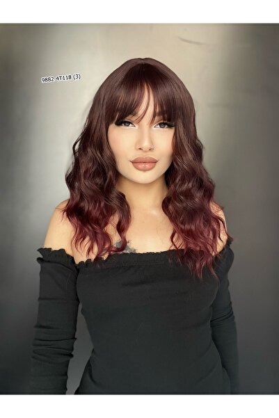 Suzan Peruk Dalgalı Kısa Perçemli Fiber Sentetik Peruk - Kızıl Kahve