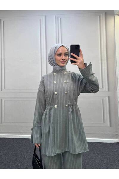 Esre Store 4431 - طقم حجاب برباط على الخصر باللون الرمادي