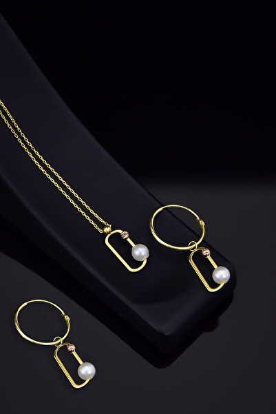 Sinsirella 925 Ayar Gümüş Gold Kaplama Dorika Toplu Incili Ataç Kolye Ve Küpe...