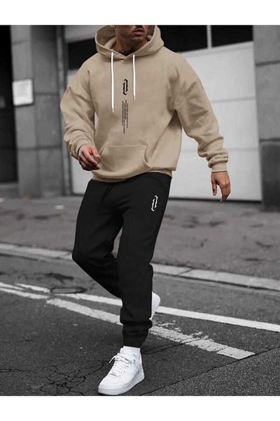 over head oh Men's Beige Vertical Printed Oversize Sweatshirt Set