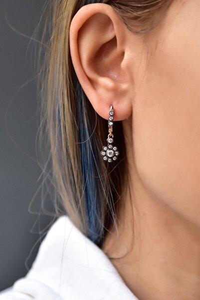 Sinsirella 925 Ayar Gümüş Rose Kaplama Elmas Montür Çiçek Küpe