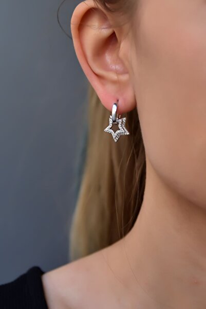 Sinsirella 925 Ayar Gümüş Rodyum Kaplama Ikılı Zirkon Taşlı Yıldız Halka Küpe