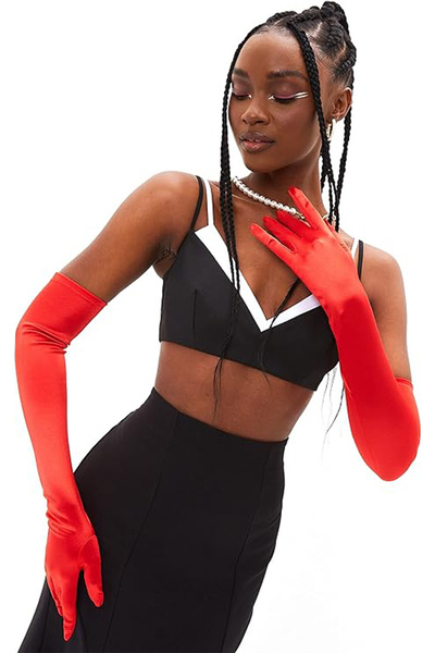 Hayalperest boncuk Uzun Saten Gelin Eldiveni Kadınlar İçin Düğün Kına Gecesi Eldiveni Kırmızı