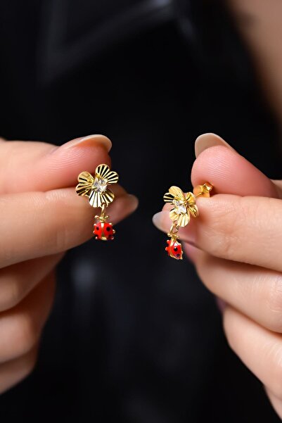 Sinsirella 925 Ayar Gümüş Gold Kaplama Kristal Kesim Uğur Böcekli Frezya Çiçeği Küpe