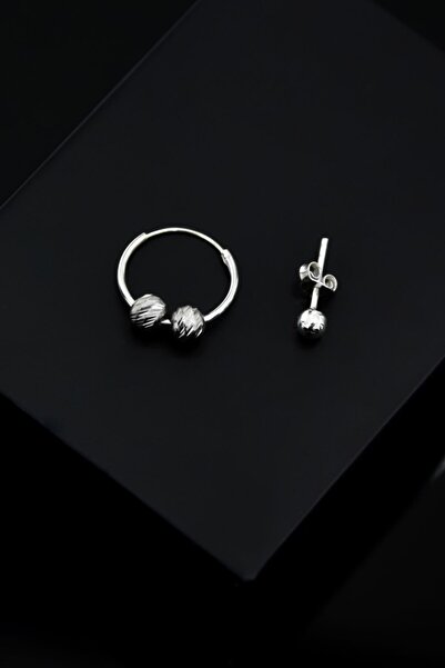 Sinsirella 925 Ayar Gümüş Rodyum Kaplama Ikili Dorika Toplu Halka Ve Çivili Top Küpe