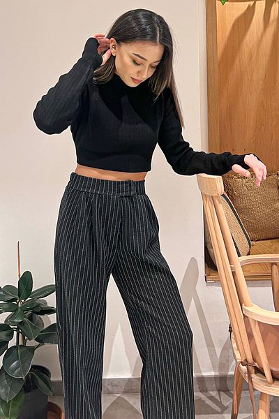 julude Black Women's Velcro Waist Striped Palazzo Trousers
