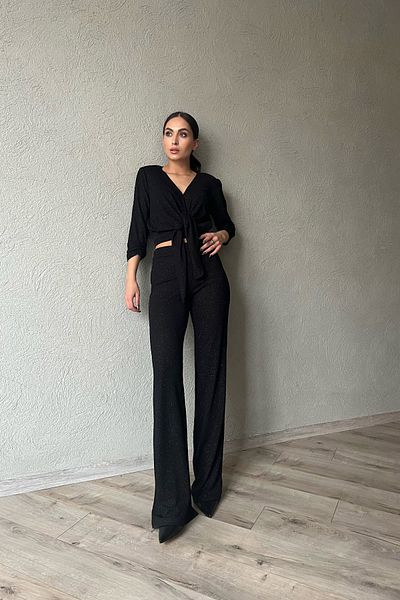 Seda Yalçın Atelier Black Glitter Crop Blouse and Trousers Set