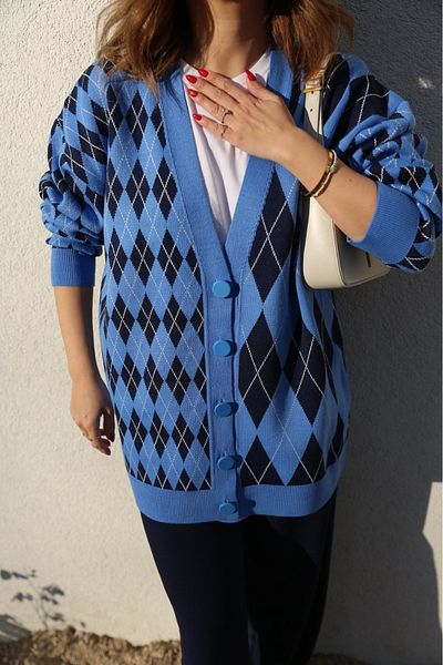 Lavanta Tekstil Cardigan de tricotaj cu model Baklava albastru