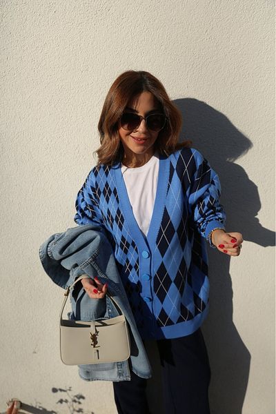 Lavanta Tekstil Cardigan de tricotaj cu model Baklava albastru