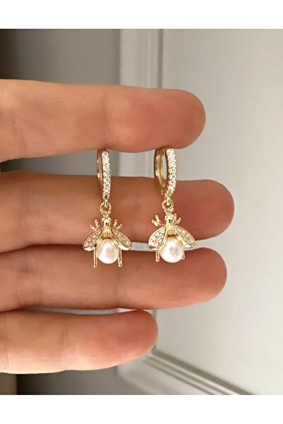 emy by emel luxury silver jewelry Altın Kaplama İncili Arı Küpe 925 Ayar Gümüş