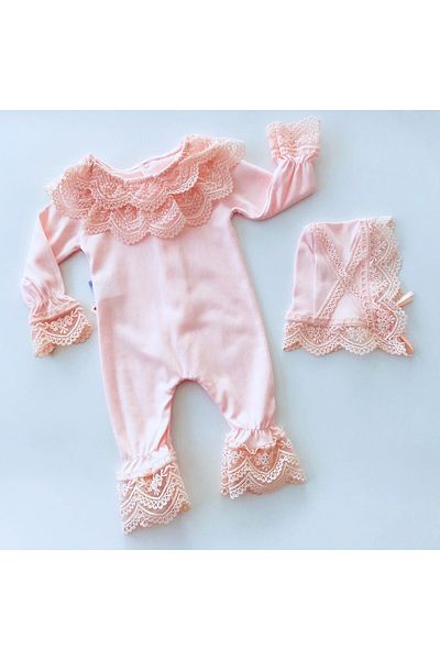 MİNİBORN Juliet Cotton Jumpsuit with Lace Collar and Hat