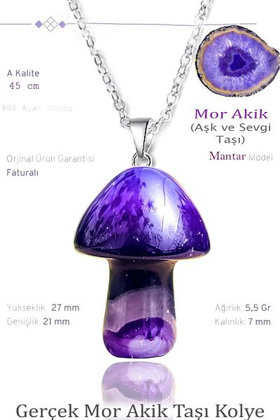Tesbih Atölyesi Certified Mushroom Model Purple Agate Stone Necklace - Silver Apparatus