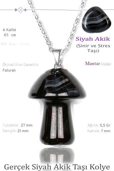 Tesbih Atölyesi Certified Mushroom Model Black Agate Stone Necklace - With Silver Device