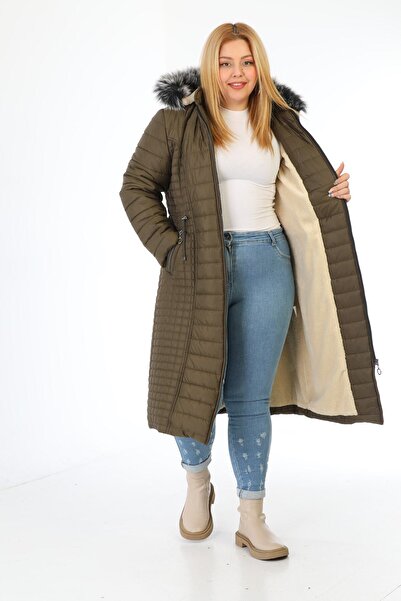 TUTveAL Collection Γυναικείο Χακί Παλτό με Γούνα Εσωτερικά Μακρύ Καπιτονέ Παλτό με κουκούλα Μεγάλο Μέγεθος Παλτό 42-52 Μέγεθος