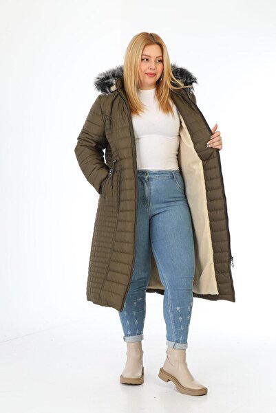 TUTveAL Collection Γυναικείο Χακί Παλτό με Γούνα Εσωτερικά Μακρύ Καπιτονέ Παλτό με κουκούλα Μεγάλο Μέγεθος Παλτό 42-52 Μέγεθος