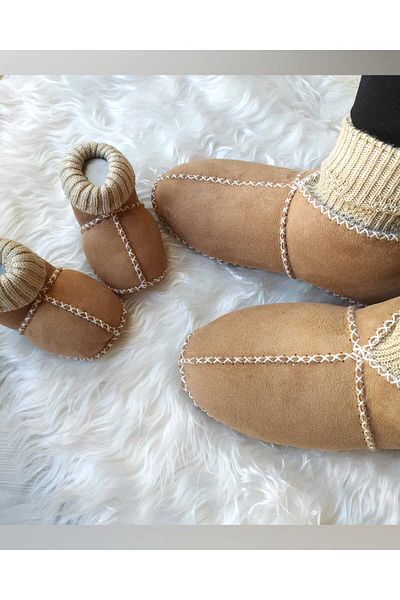 MİNİBİRİ Genuine Leather - Genuine Wool Mother - Baby Booties Slippers Baby Shoes (Baby Booties 6-18 Months)