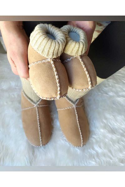 MİNİBİRİ Genuine Leather - Genuine Wool Mother - Baby Booties Slippers Baby Shoes (Baby Booties 6-18 Months)