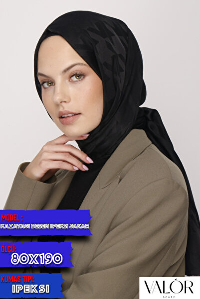 VALORSCARF Siyah Kazayağı Desen İpeksi Jakar Şal 80x190