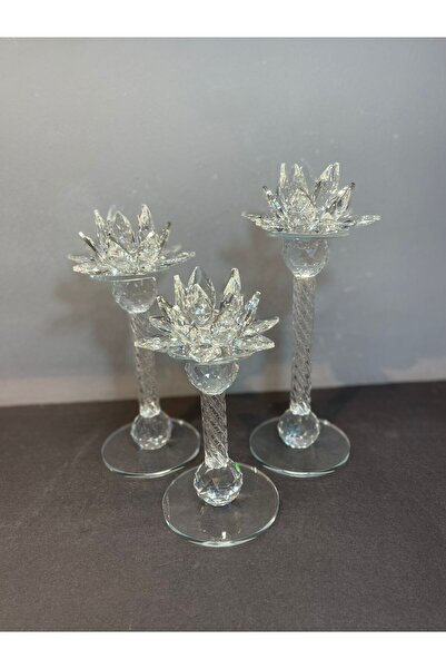 Peramari Dekoratif Kristal Cam Lotus Üçlü Mumluk Gümüş